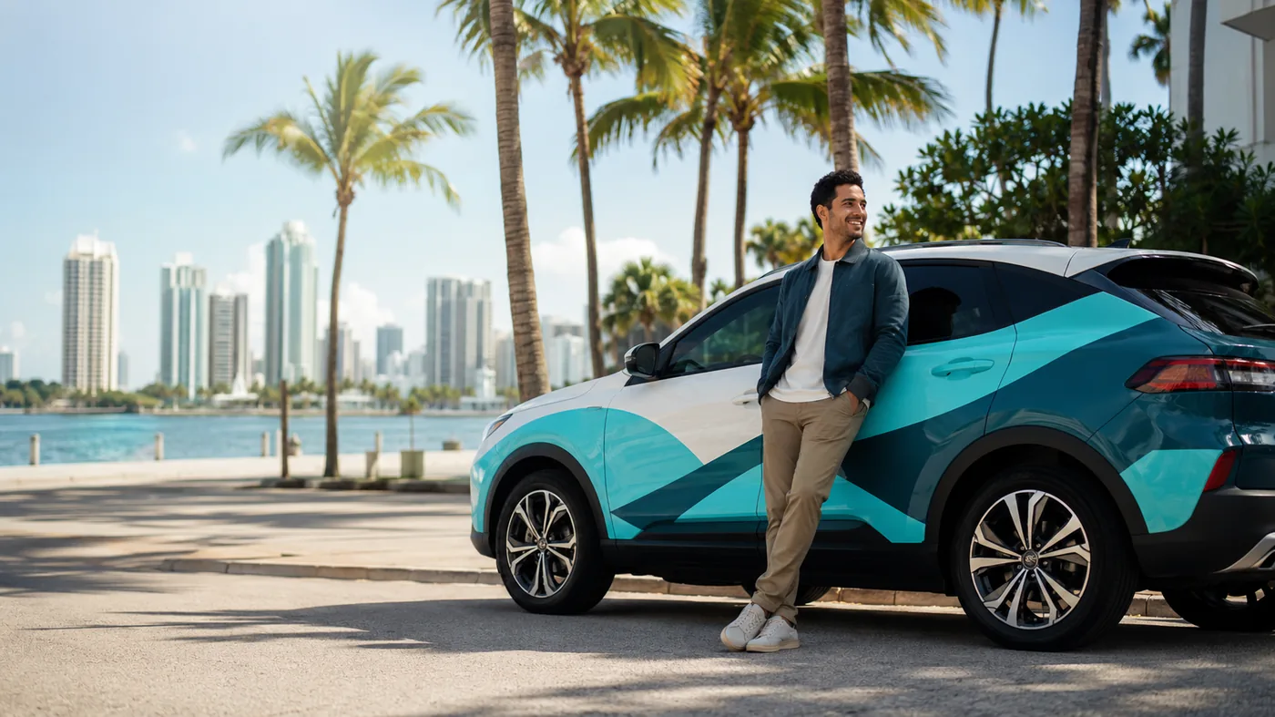 Illustration of a driver standing beside a wrapped vehicle