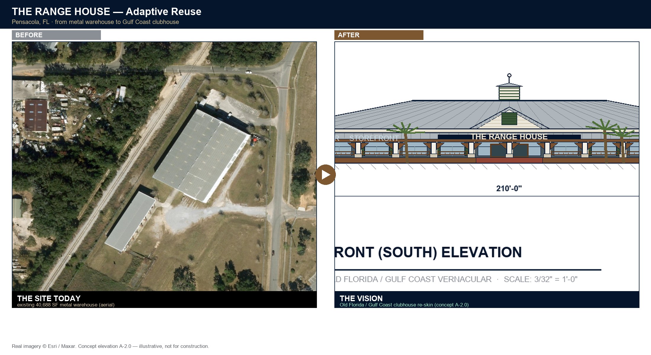 Before and after — the existing metal warehouse today vs. the Old Florida clubhouse concept