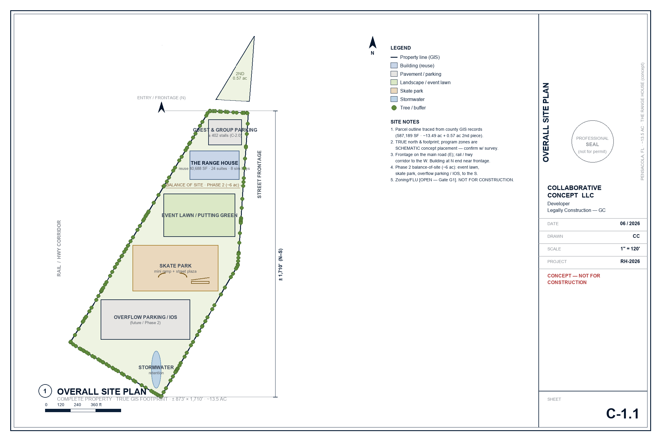 Overall Site Plan — complete property, all zones incl. skate park