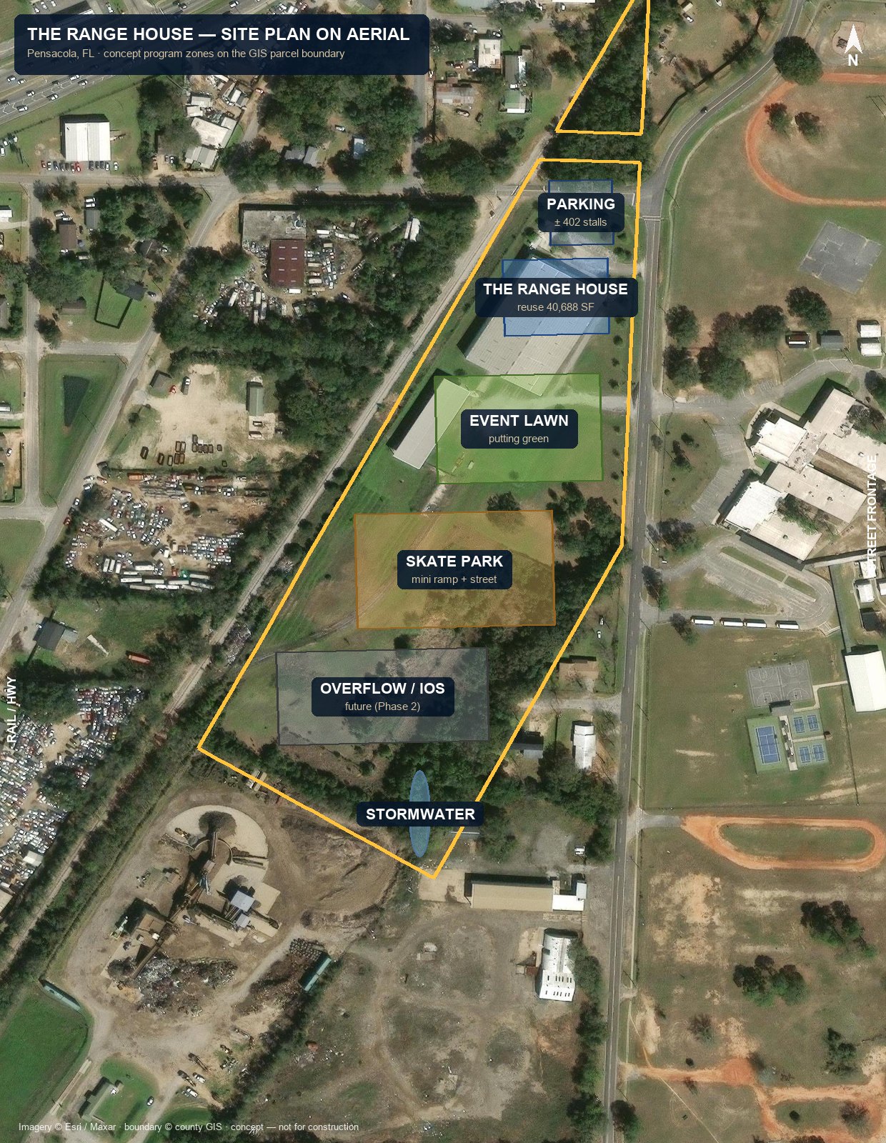 Program zones on the real aerial — building, parking, event lawn, skate park, IOS, stormwater on the GIS parcel