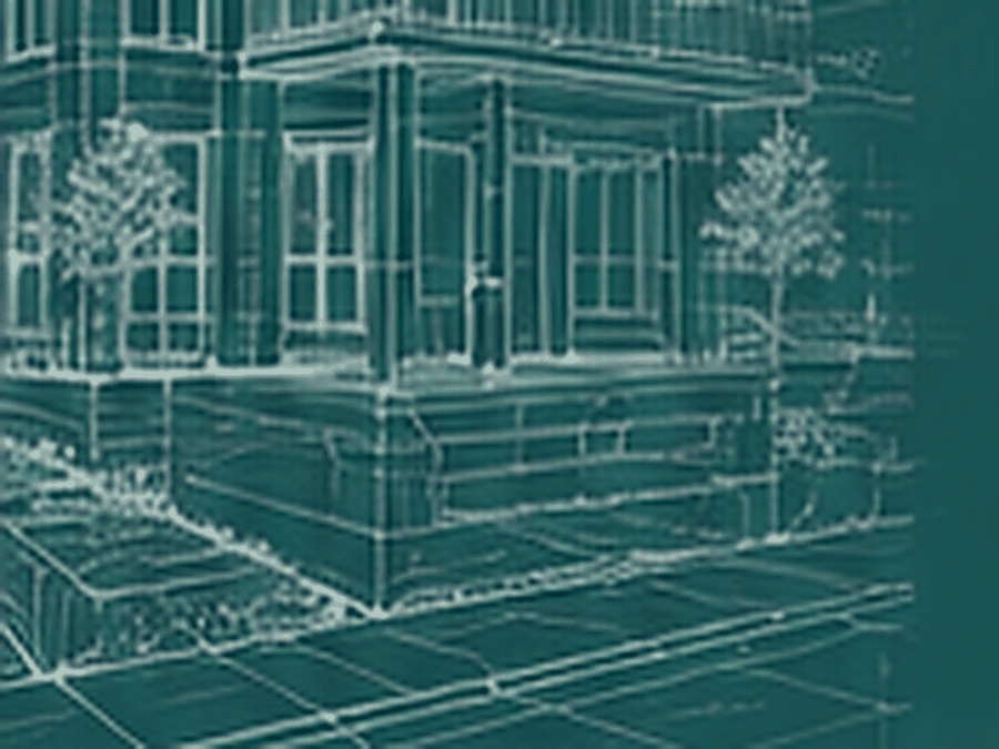 Architectural line rendering of a multi-storey building corner with balconies, trees and paving