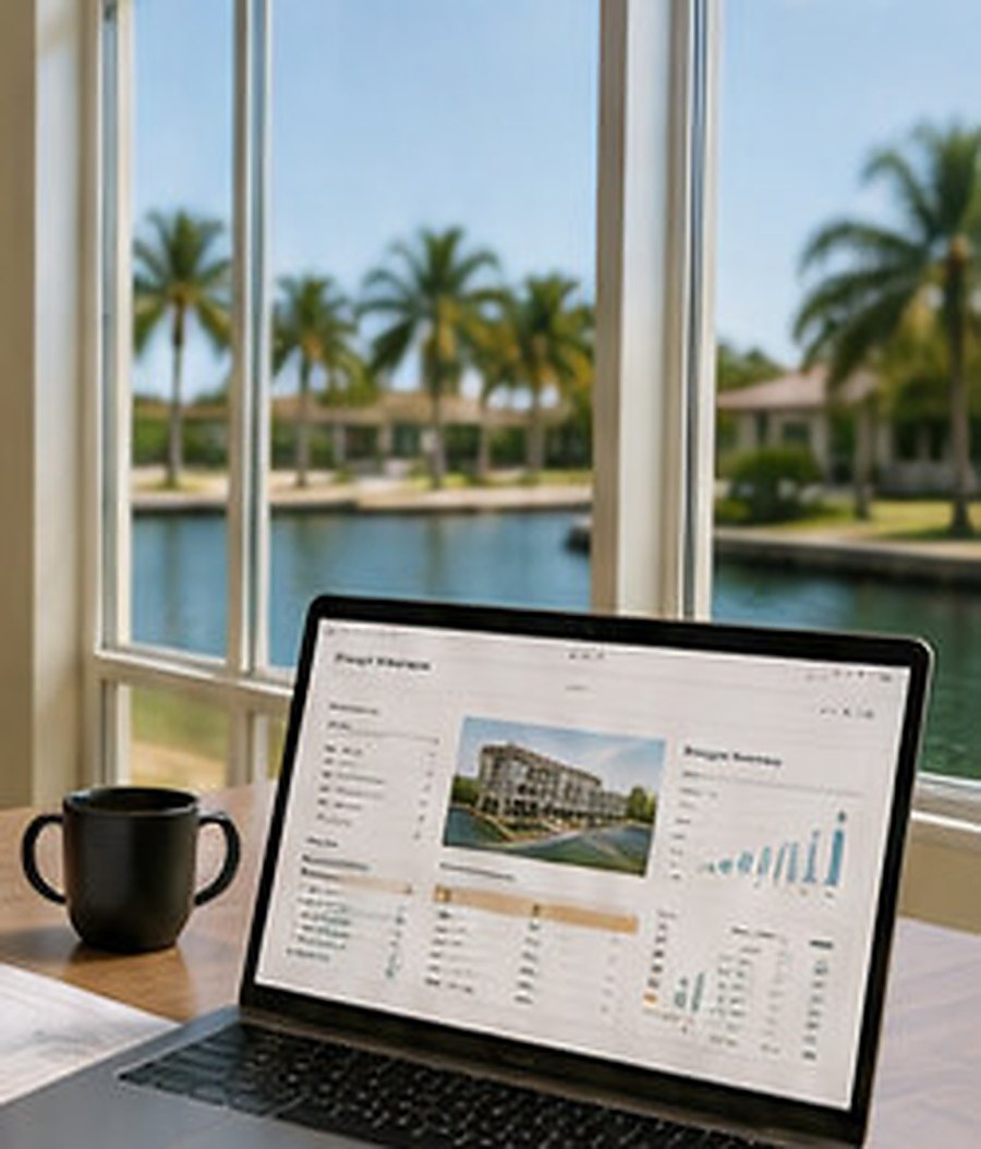 Laptop on a desk showing a dashboard with a building photograph and chart panels, beside a window overlooking a waterway