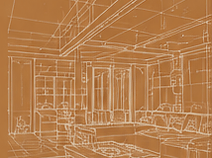 Architectural line rendering of an interior living space with a beamed ceiling, seating and cabinetry
