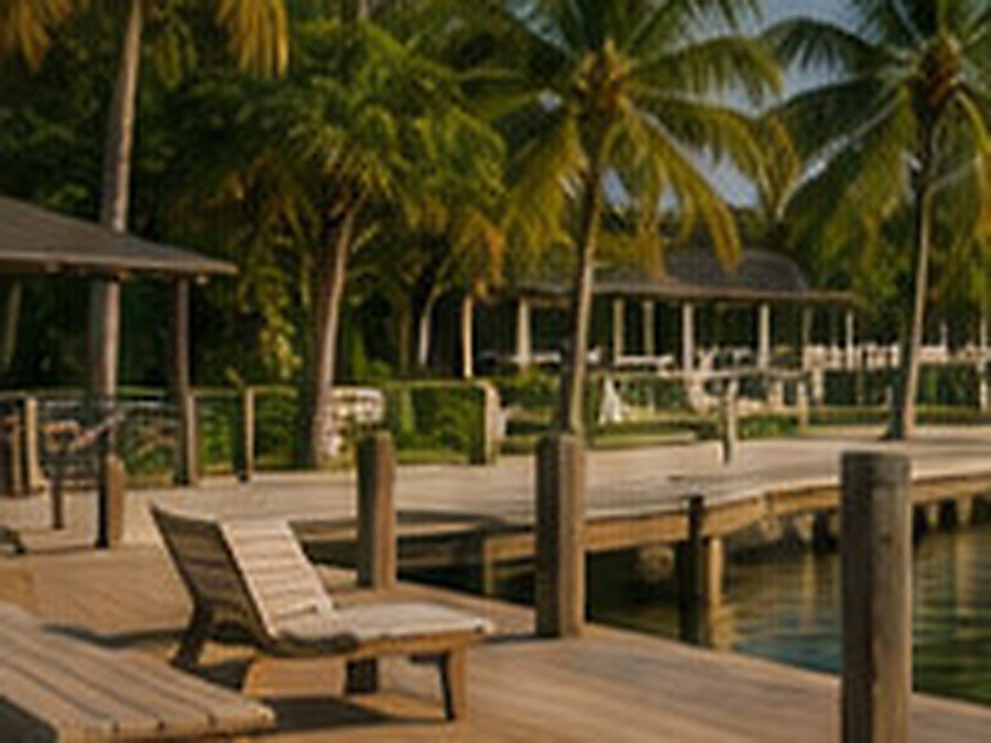 Wooden dock with a lounge chair beside a waterway, with palm trees and a covered pavilion behind