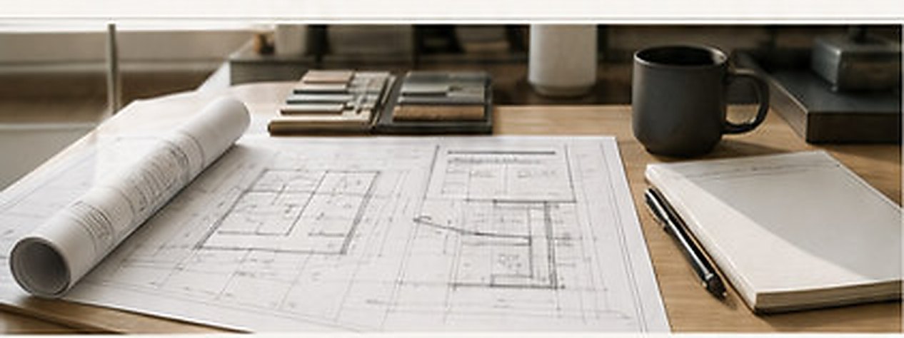 Rolled drawings, material samples and a notebook on a working desk