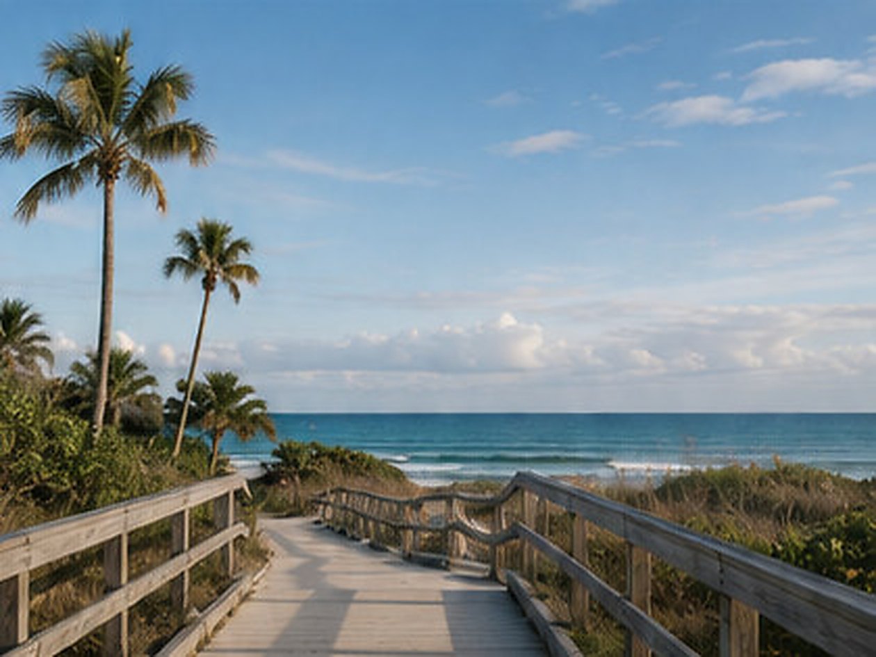 Wooden boardwalk crossing dune vegetation toward a beach, with palms and open ocean beyond