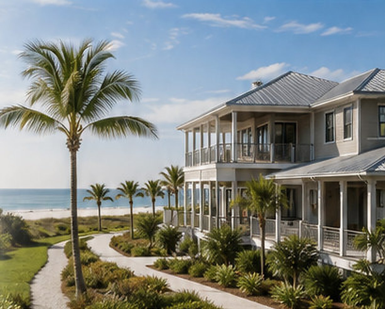 Two-storey coastal residence with wraparound porches beside a sand path leading to the beach