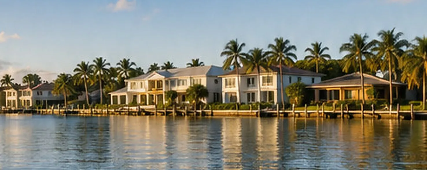 Row of waterfront houses and palm trees reflected in a calm canal