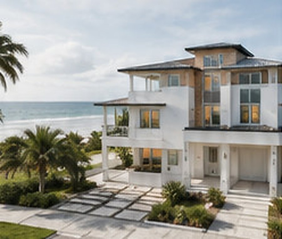 Three-storey coastal residence with a landscaped paved forecourt and the ocean behind it