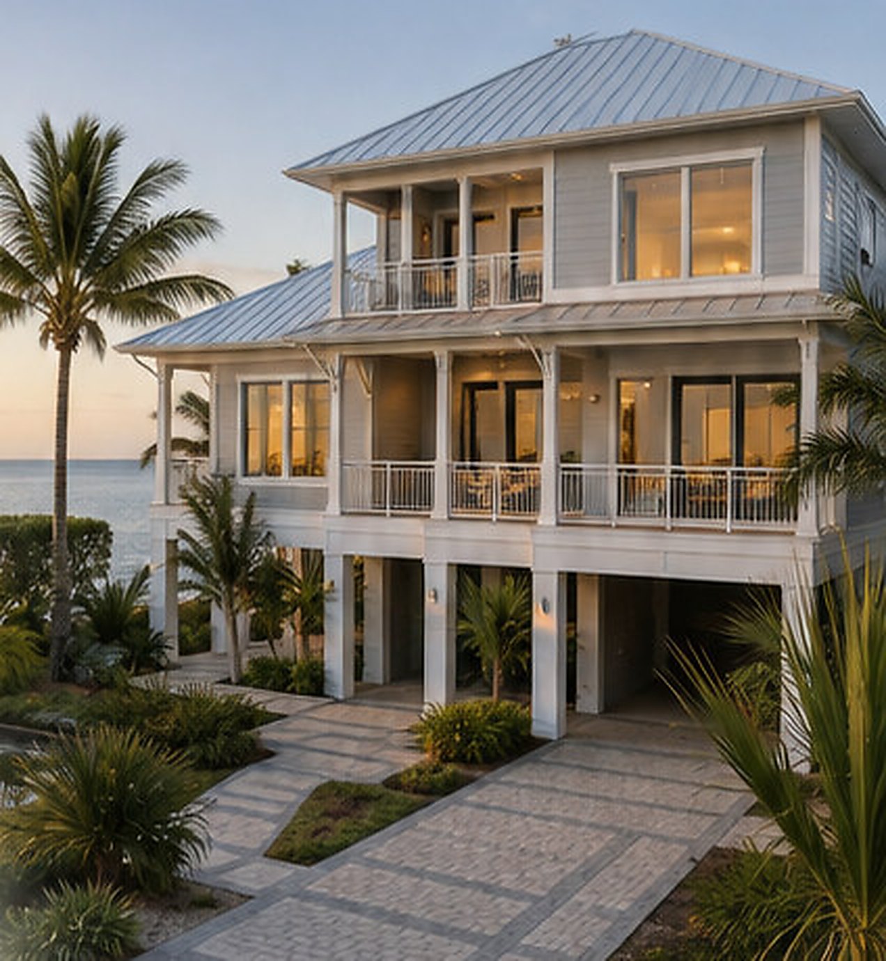 Raised two-storey coastal house with a metal roof, wraparound porches and palm trees, with the water behind it