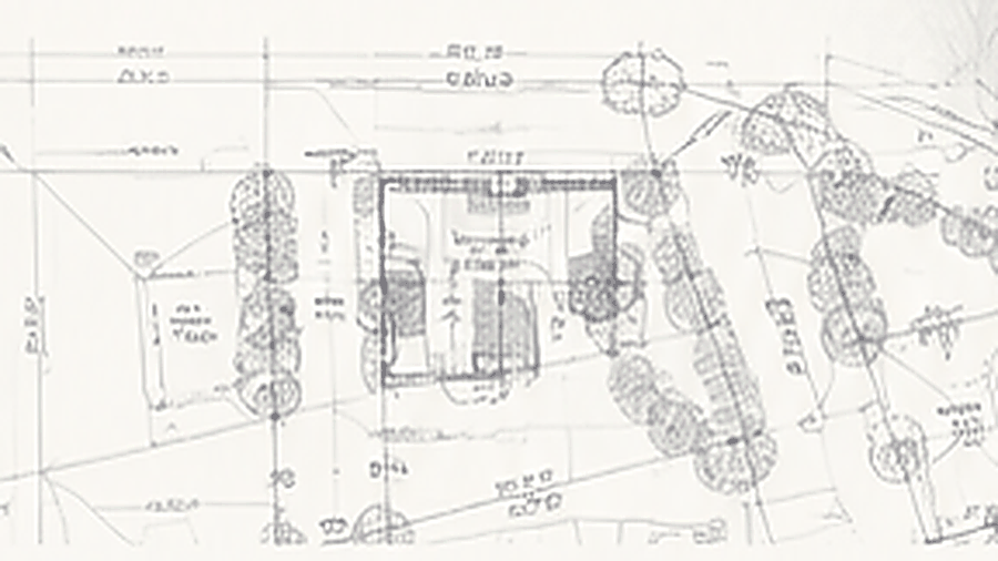 Hand-drafted site plan showing building footprints, tree symbols, property lines and dimension callouts