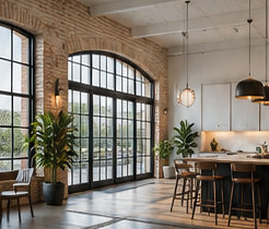 Interior of a converted brick building with tall arched windows, exposed masonry and an open kitchen and seating area