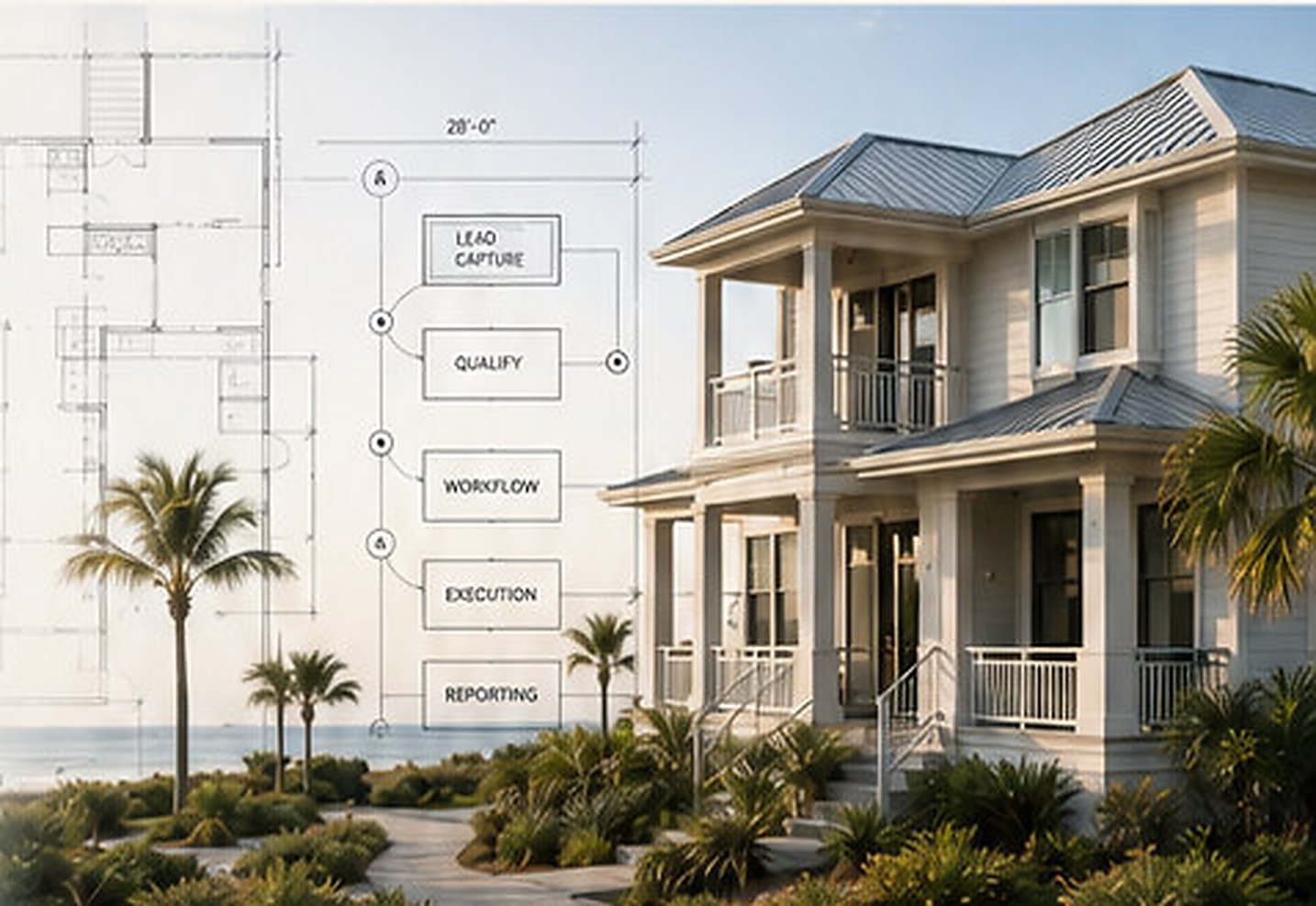 Coastal two-storey residence with architectural plan and workflow overlay