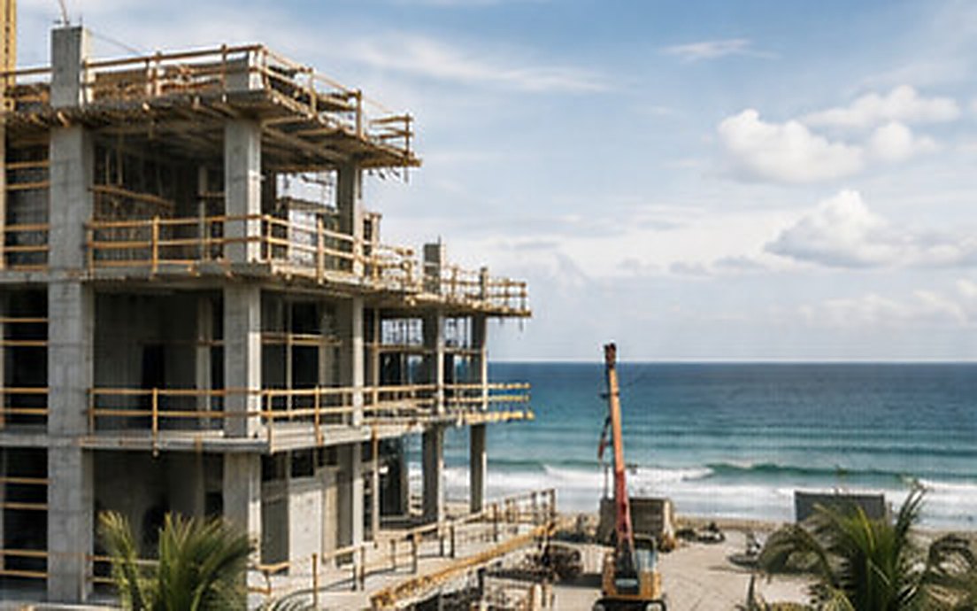 Multi-storey concrete building frame under construction on a beachfront site