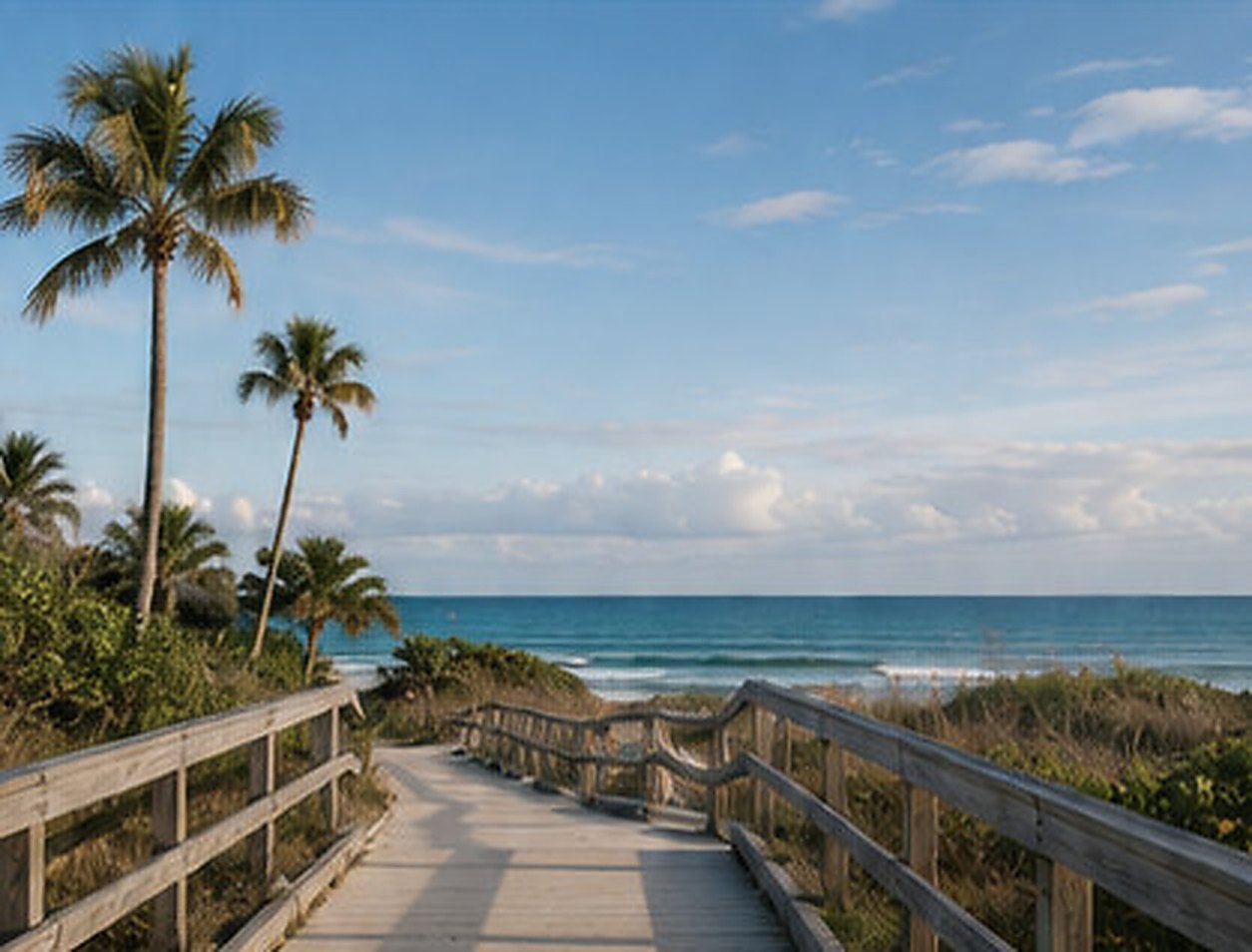 Wooden boardwalk crossing beach dunes toward the ocean, with palms alongside