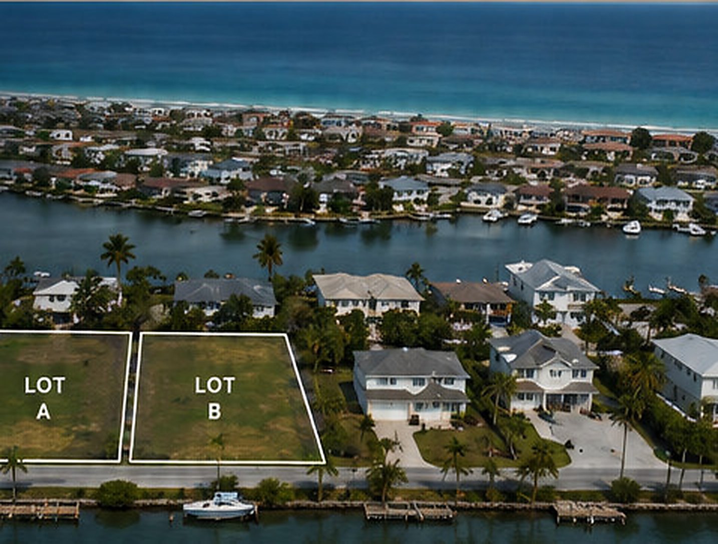 Aerial view of a waterfront residential neighborhood, with two adjacent vacant lots outlined and labelled Lot A and Lot B