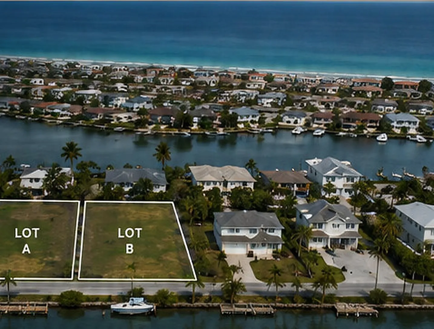 Aerial view of a waterfront residential neighborhood, with two adjacent vacant lots outlined and labelled Lot A and Lot B