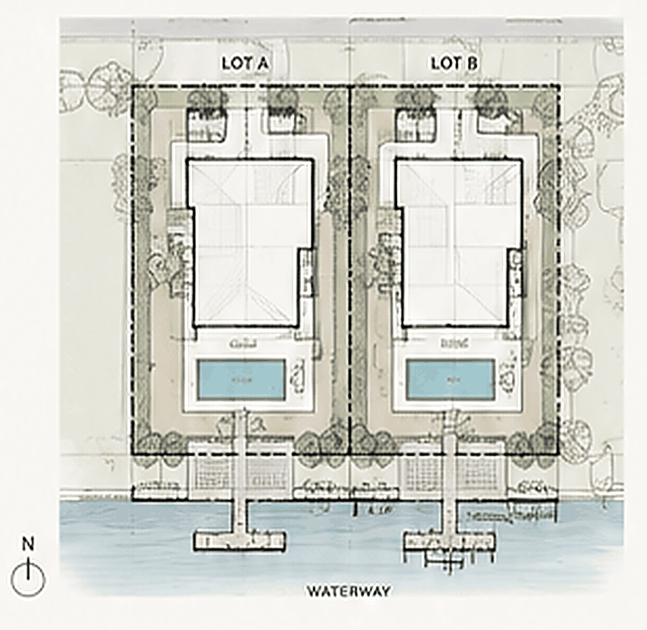Site plan drawing of two adjacent lots labelled Lot A and Lot B, each showing a house footprint, pool and dock on a waterway, with a north arrow