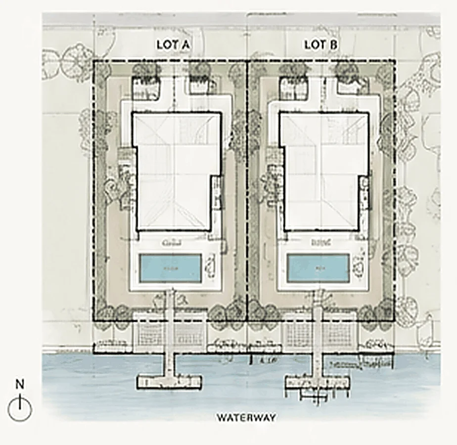 Site plan drawing of two adjacent lots labelled Lot A and Lot B, each showing a house footprint, pool and dock on a waterway, with a north arrow