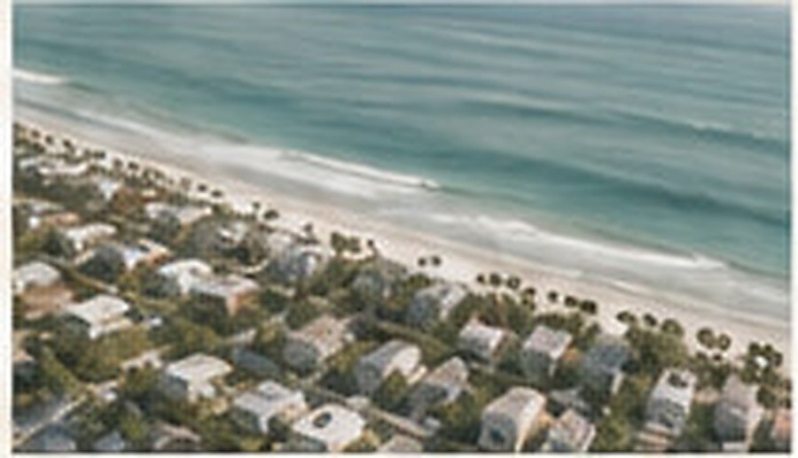Aerial view of the coastline and surrounding residential blocks