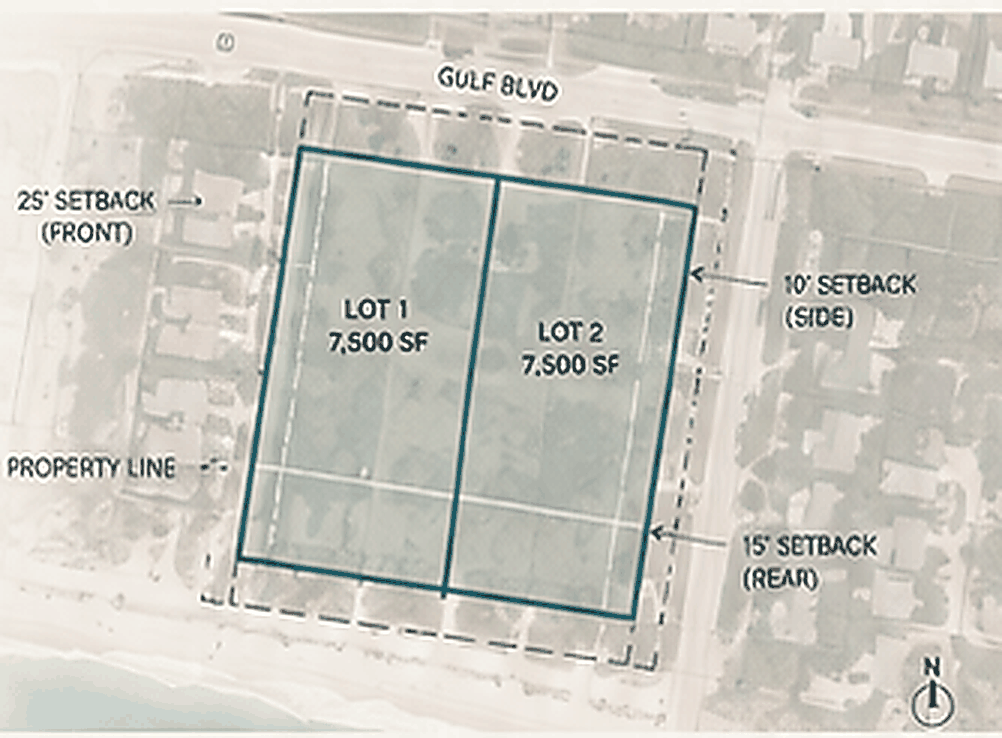 Site plan showing two lots with front, side and rear setbacks