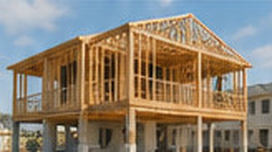 Elevated timber-framed house under construction on concrete pilings
