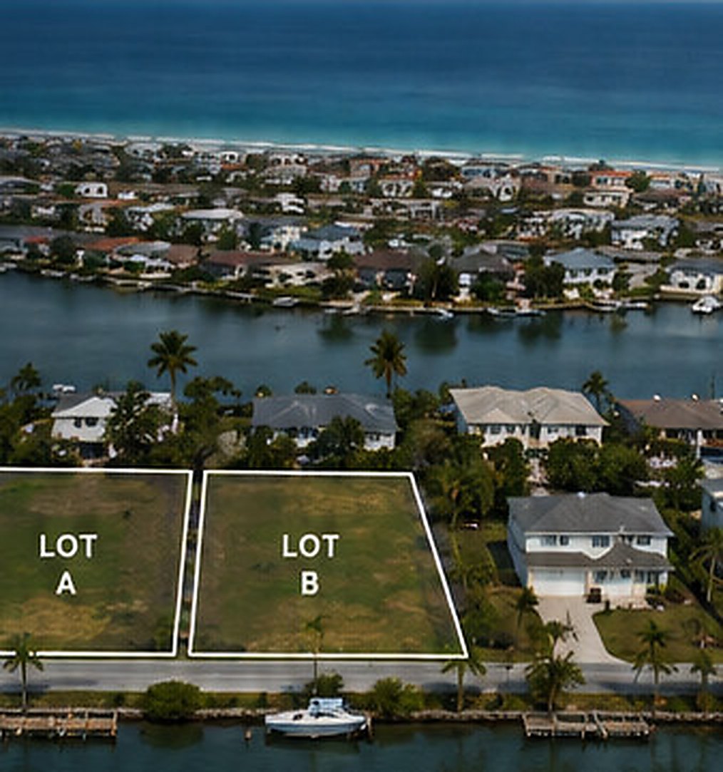 Aerial view of two adjacent vacant lots outlined and labelled Lot A and Lot B on a waterfront residential street, with houses, a channel and the beach beyond