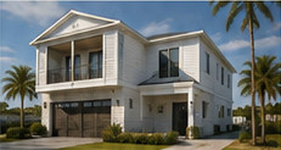 Two-storey white coastal house with a covered upper porch, an attached garage and palm trees along the driveway