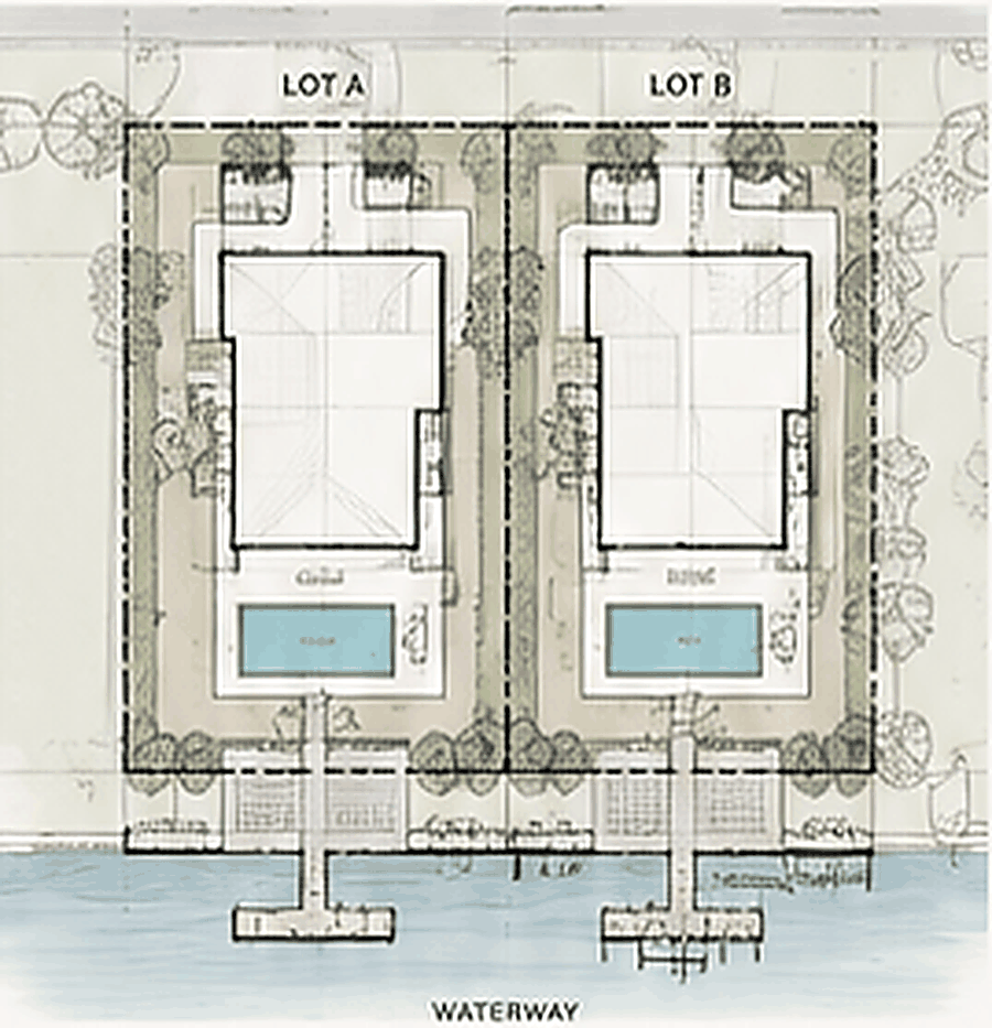 Site plan of two adjacent lots labelled Lot A and Lot B, each with a house footprint, pool, landscaping and a dock on the waterway