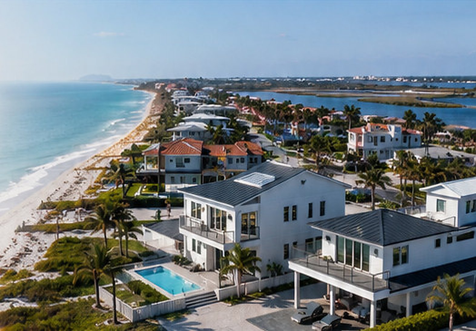 Aerial view of beachfront houses along a sandy shoreline, with an inland waterway beyond
