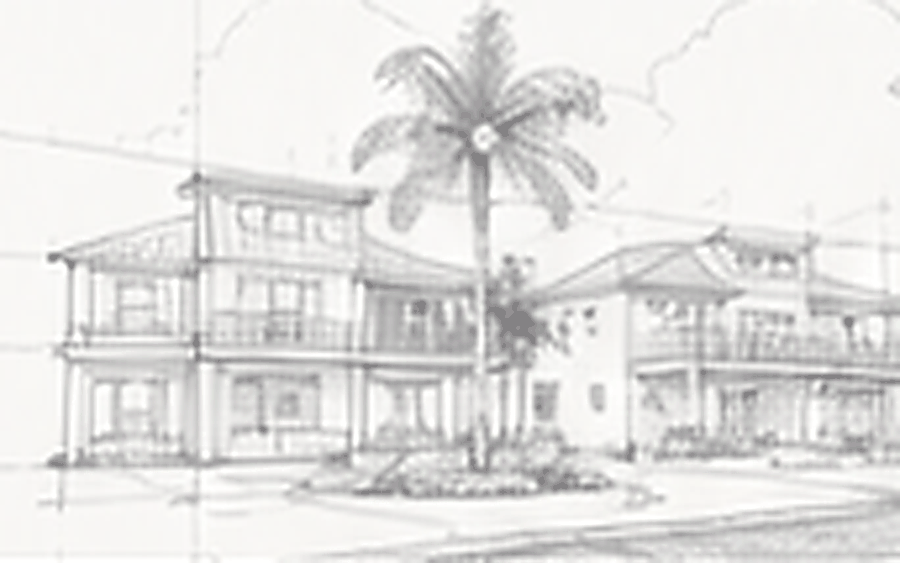 Hand-drawn perspective sketch of two adjacent two-storey houses with porches, palms and a landscaped drive