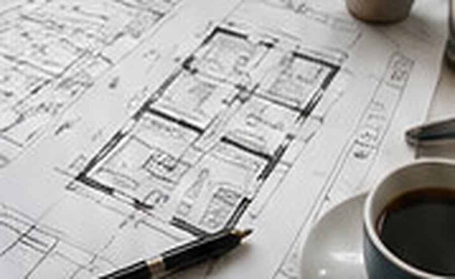 Architectural floor plan drawings spread on a desk with a pen and a cup of coffee