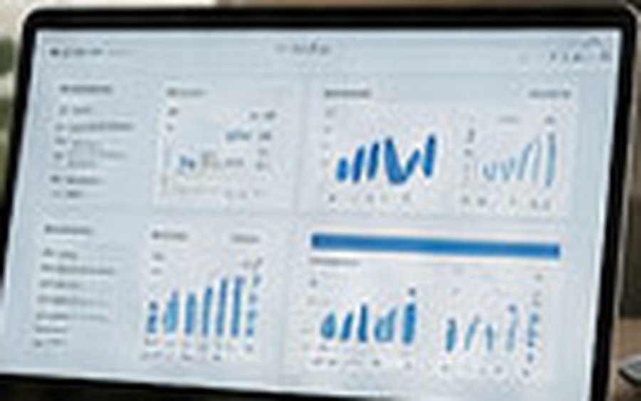 Laptop screen showing a dashboard of bar and line charts arranged in panels