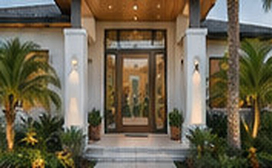 Lit front entrance of a single-family home framed by palms at dusk