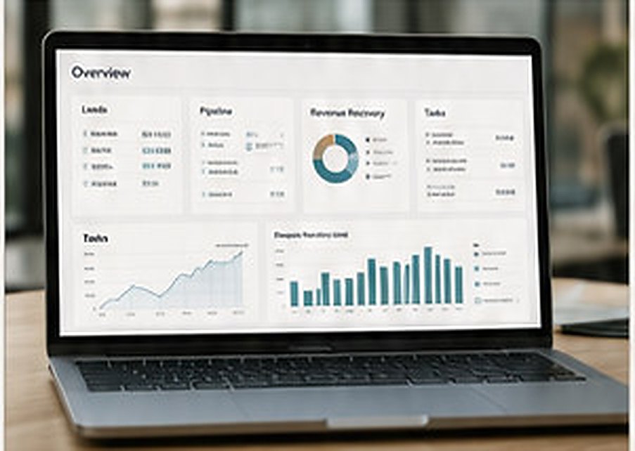 Laptop showing an operations dashboard with leads, pipeline and task panels