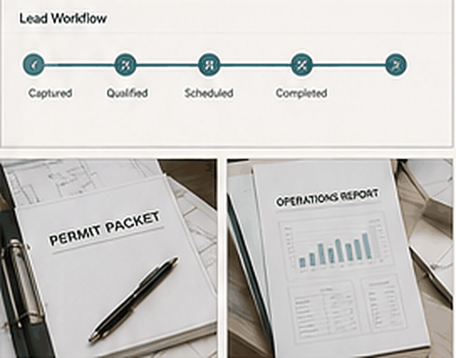 Lead workflow diagram alongside a permit packet and an operations report