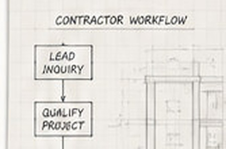 Hand-drawn contractor workflow flowchart on graph paper laid over an architectural elevation drawing