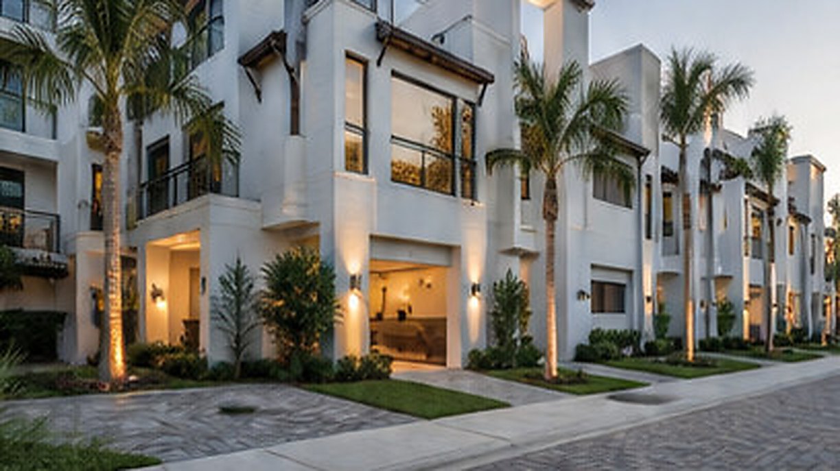 Row of contemporary white multi-storey townhomes with palms along a paver drive at dusk