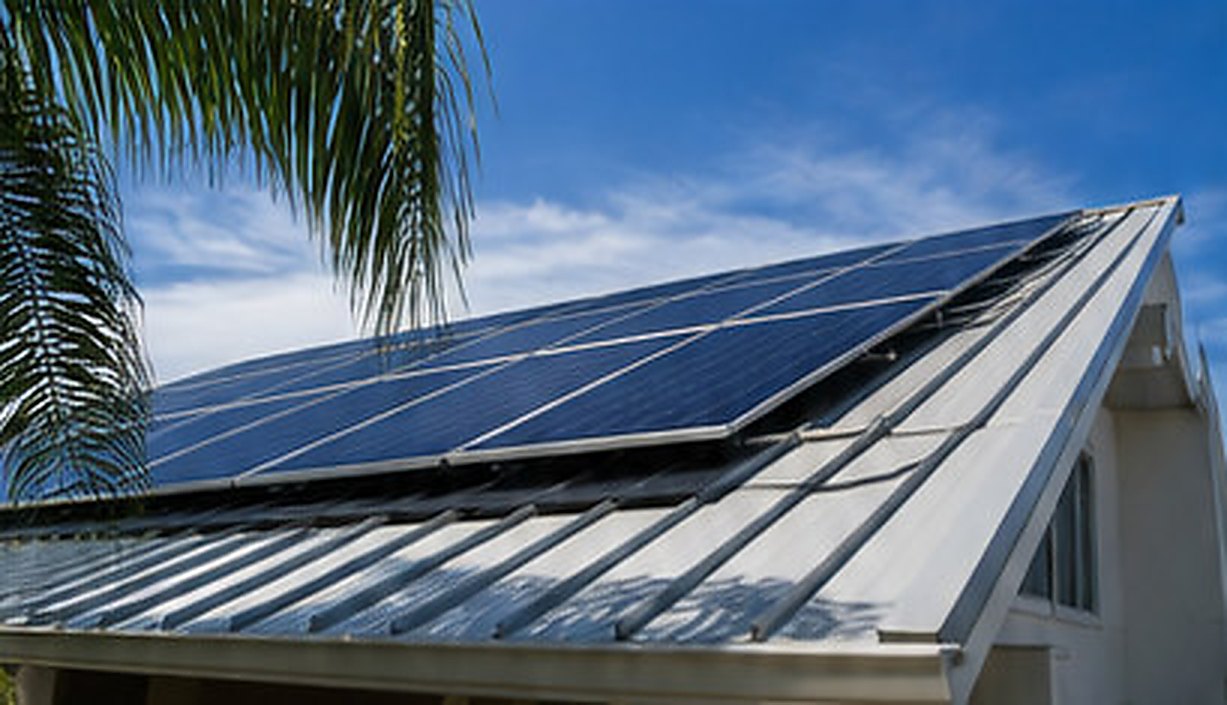 Solar panels mounted on the standing-seam metal roof of a house, palm fronds at the edge of the frame