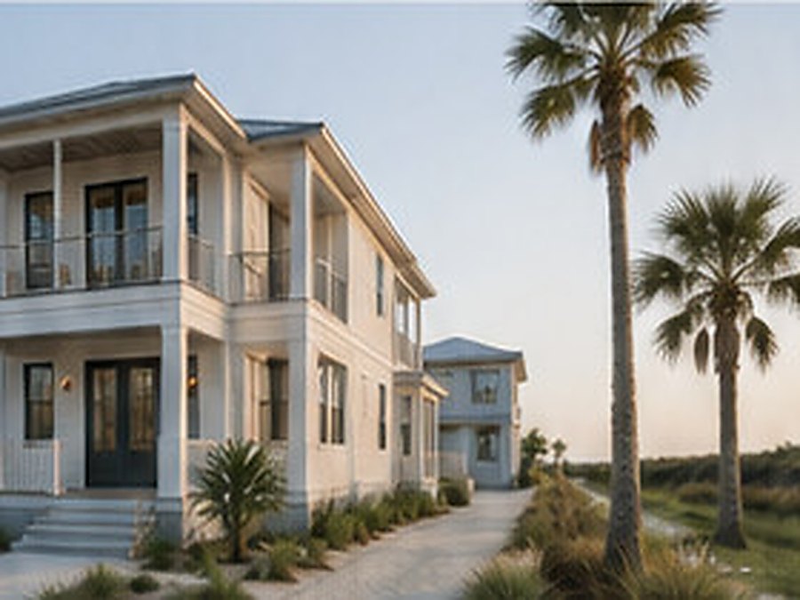 Two-storey coastal houses with porches and palms along a paved path toward the dune