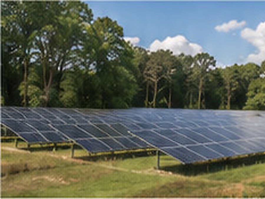 Rows of ground-mounted solar panels in a field at the edge of a tree line