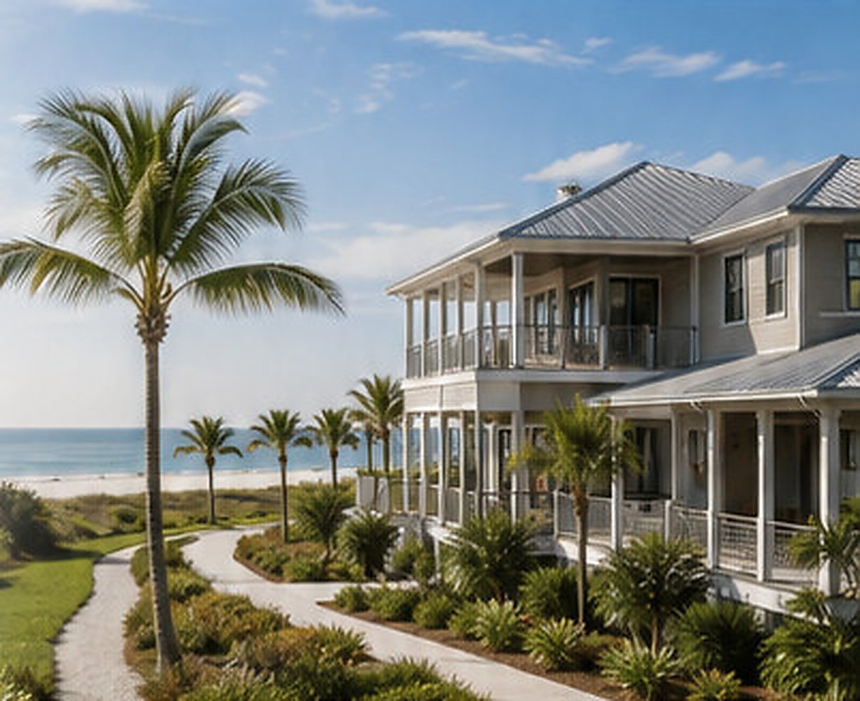 Two-storey coastal houses with covered porches beside a curving path, palms and the shoreline behind
