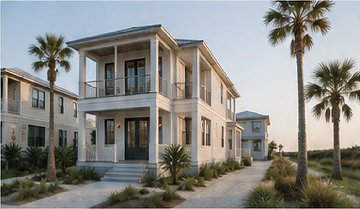 Two-storey coastal house with covered porches, neighbouring houses and palms along a paved drive