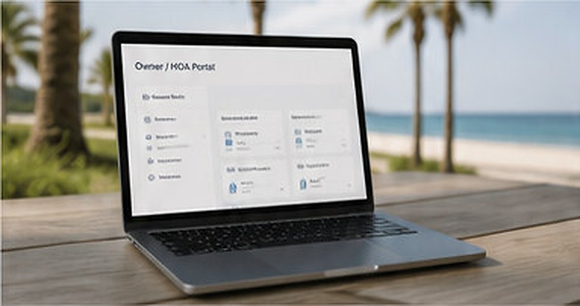 Laptop on an outdoor table showing an owner and HOA portal, with palms and the shoreline behind
