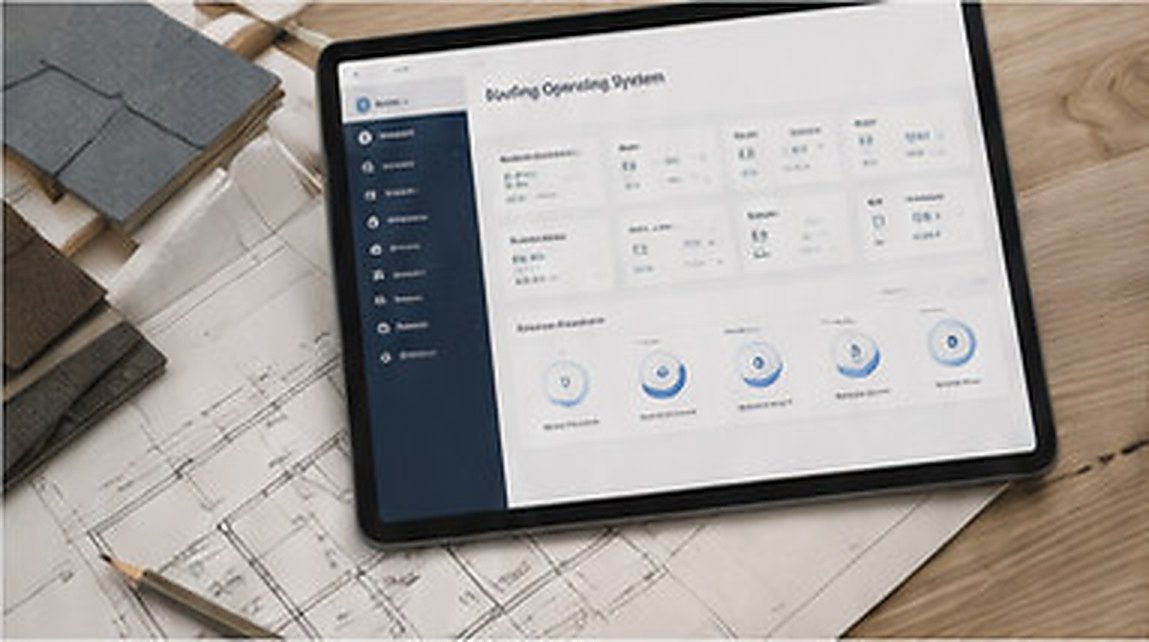 Tablet showing a roofing operations dashboard, resting on architectural drawings beside roofing shingle samples