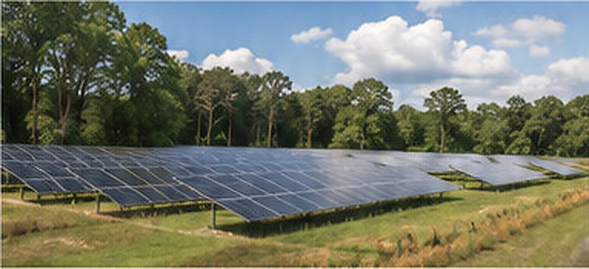 Ground-mounted solar array in a grass field beside a tree line