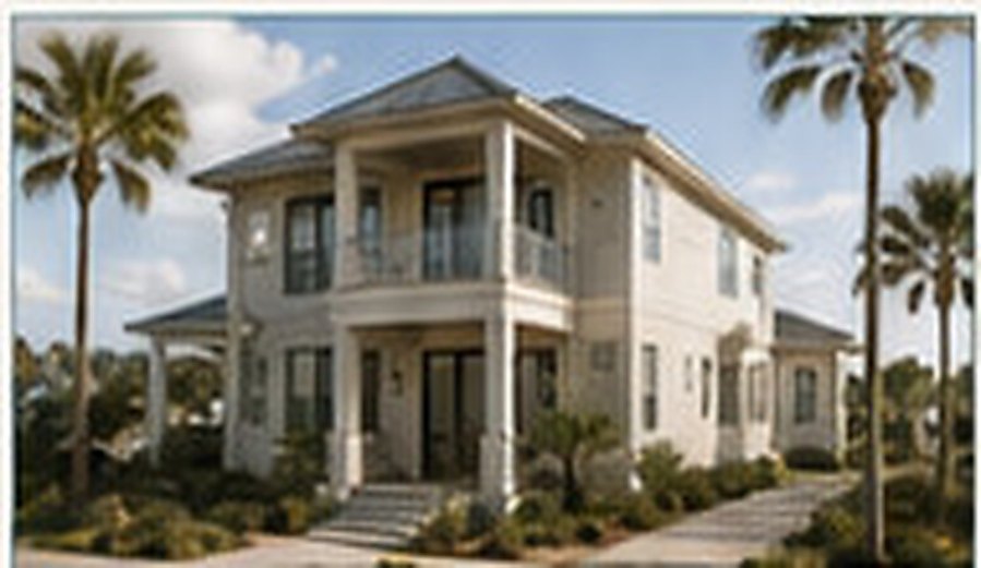 Two-storey coastal residence with balconies, framed by palms