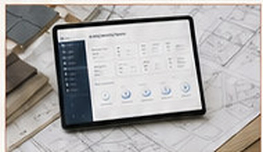 Tablet showing an operations dashboard, resting on rolled drawings beside shingle samples