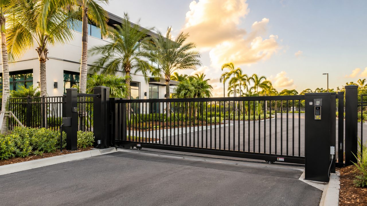 Black commercial automatic sliding gate with keypad entry at a business driveway