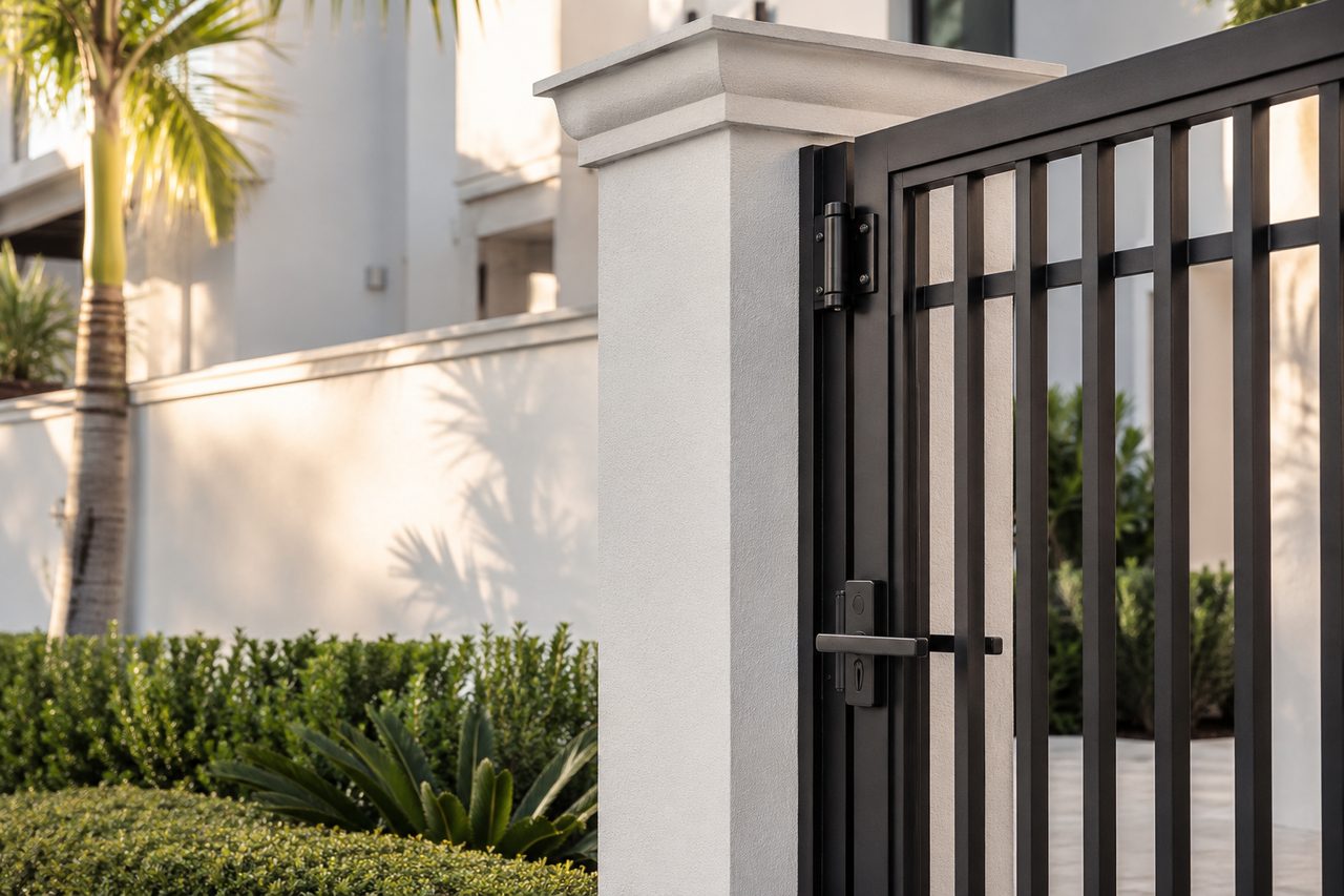 Close-up of black powder-coated aluminum gate hinge and handle hardware on a stucco post